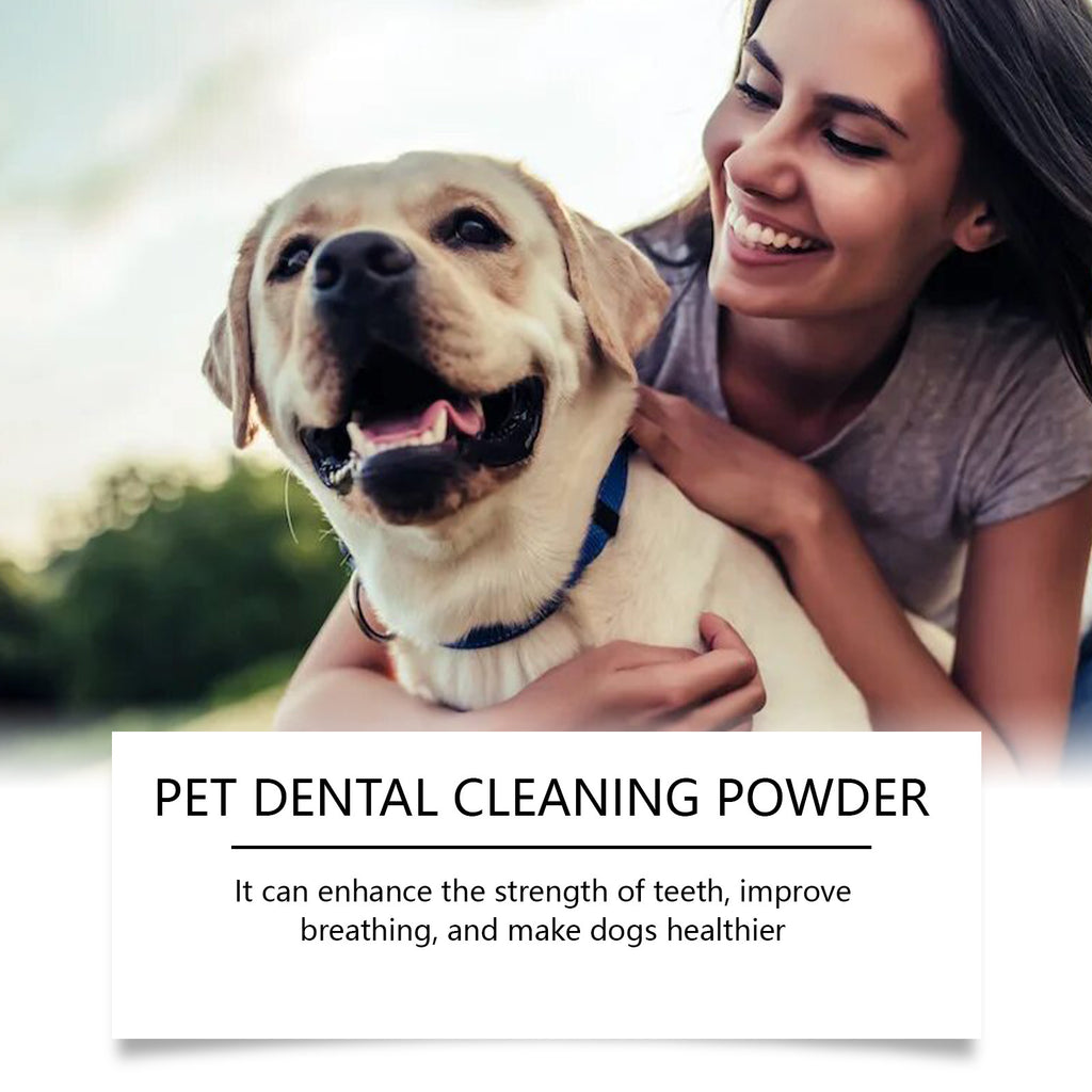 Woman smiling with a Labrador, text describing dental powder benefits for teeth and breath
