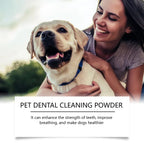 Woman smiling with a Labrador, text describing dental powder benefits for teeth and breath