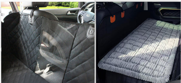 Waterproof pet car seat cover installed in a car with mesh window, next to a close-up of the quilted fabric