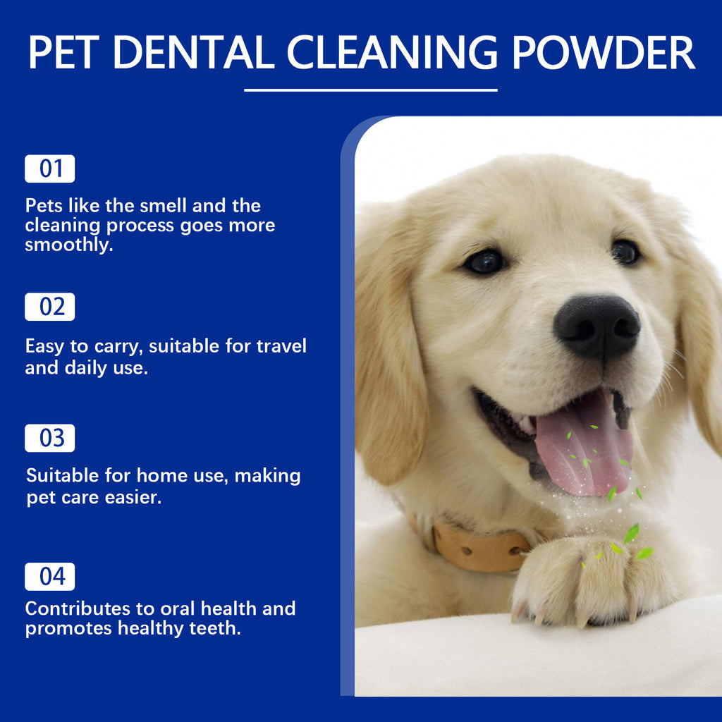 Golden retriever puppy with a list of four benefits of the teeth cleaning powder