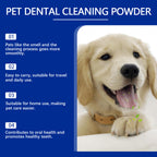 Golden retriever puppy with a list of four benefits of the teeth cleaning powder