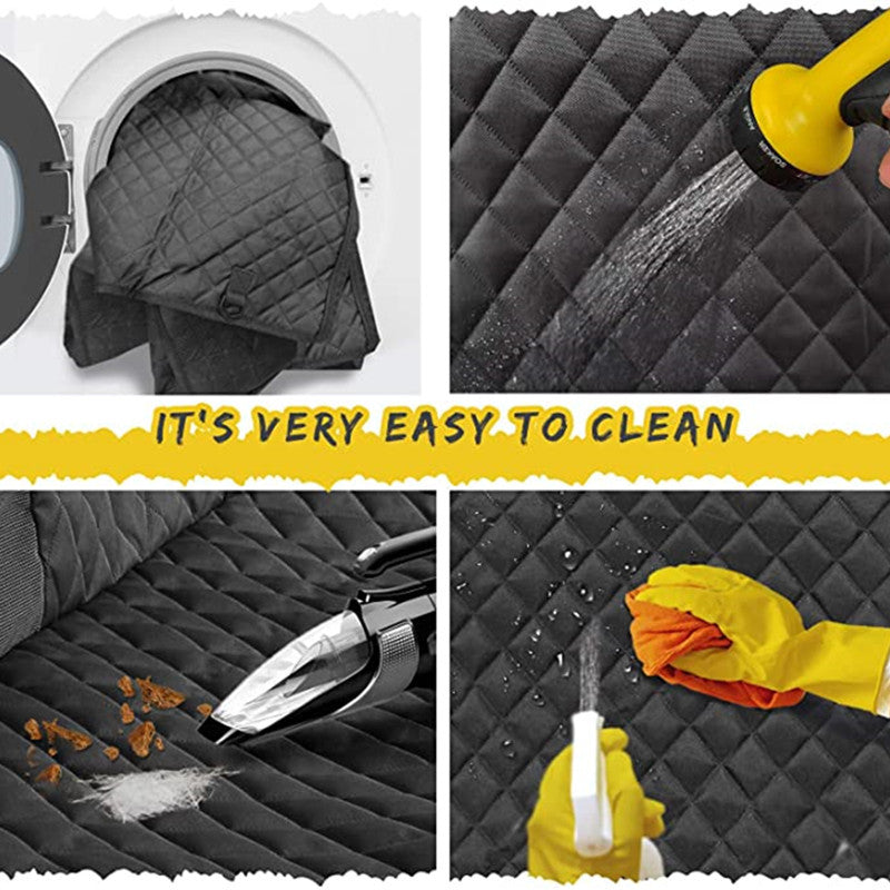 Waterproof pet car seat cover shown being cleaned with a vacuum, hose, and spray cleaner