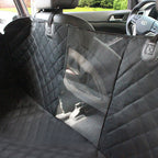 Waterproof pet car seat cover installed in a car with mesh window