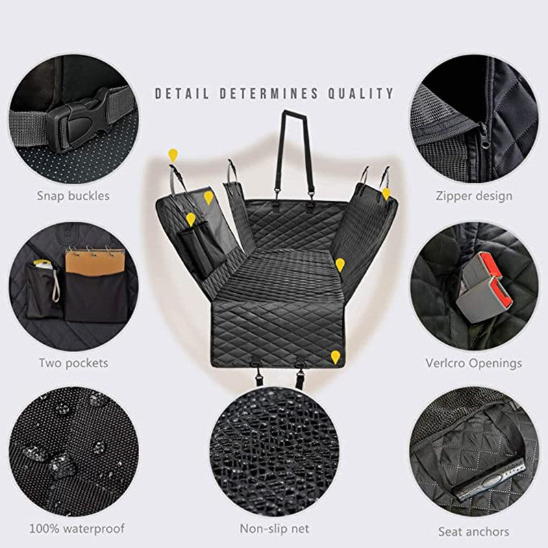 Waterproof pet car seat cover detail shots showing snap buckles, zipper, pockets, velcro, waterproof and non-slip fabric
