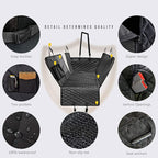 Waterproof pet car seat cover detail shots showing snap buckles, zipper, pockets, velcro, waterproof and non-slip fabric
