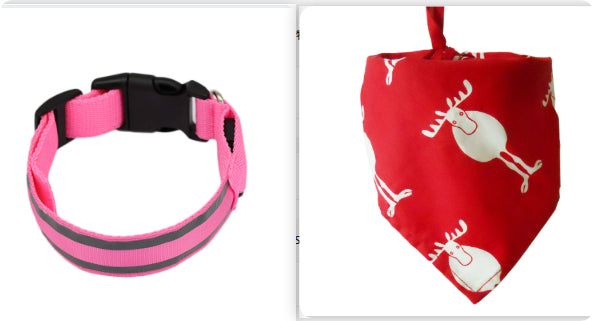 Pink LED dog collar next to a red reindeer-print dog bandana