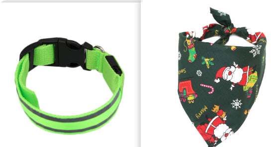 Green LED dog collar next to a dark green holiday-print dog bandana