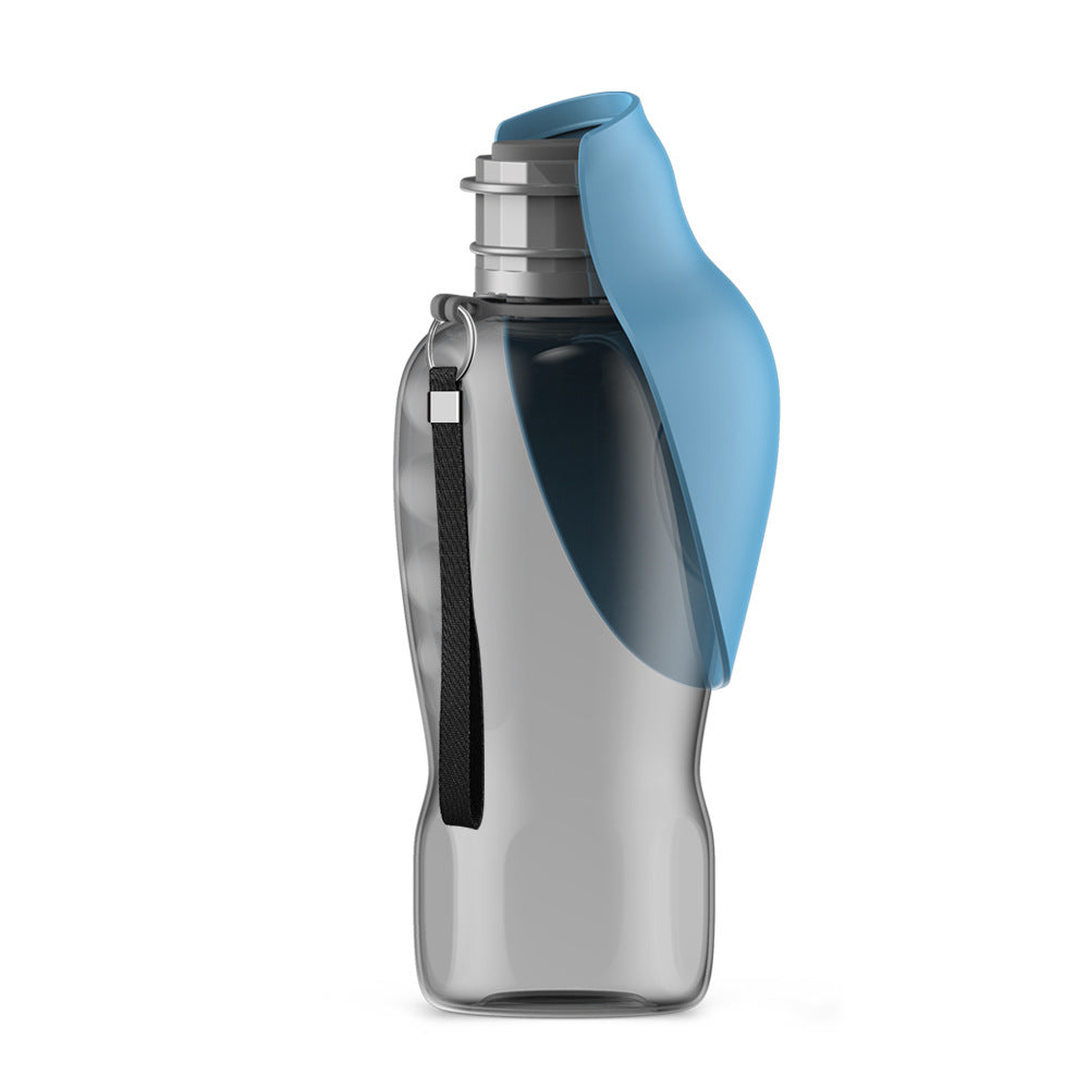 Portable dog water bottle with blue fold-out lid