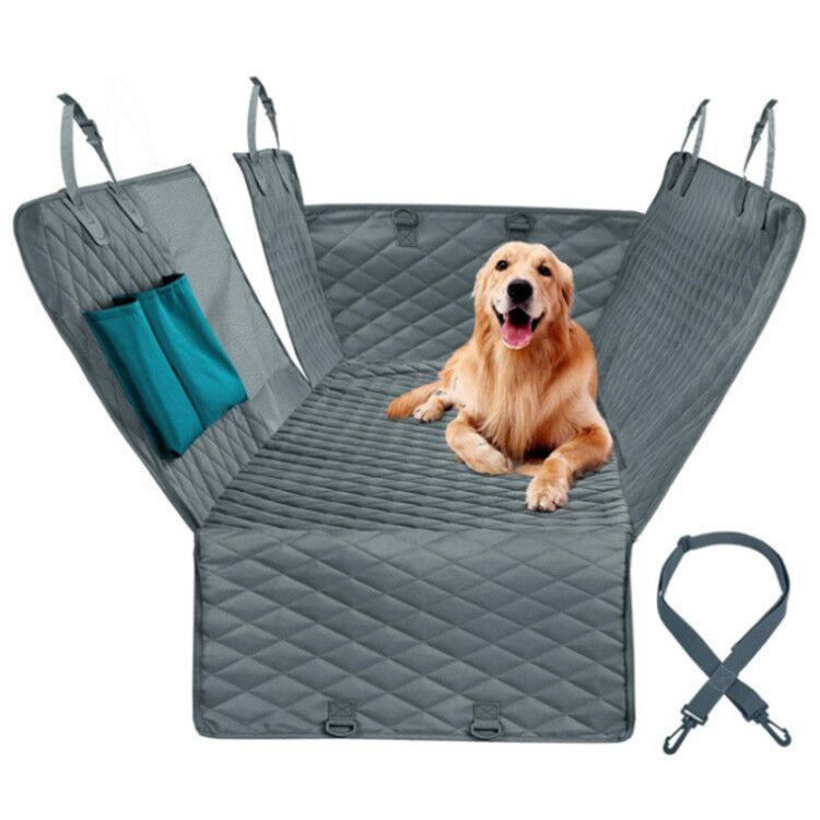 Grey waterproof pet car seat cover with golden retriever, side pockets, and seatbelt strap
