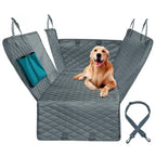 Grey waterproof pet car seat cover with golden retriever, side pockets, and seatbelt strap