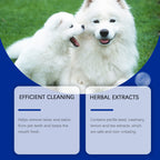 Two white dogs on grass with text describing efficient cleaning and herbal extract ingredients