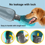 Portable dog water bottle with leakproof lock, dog drinking from the fold-out trough