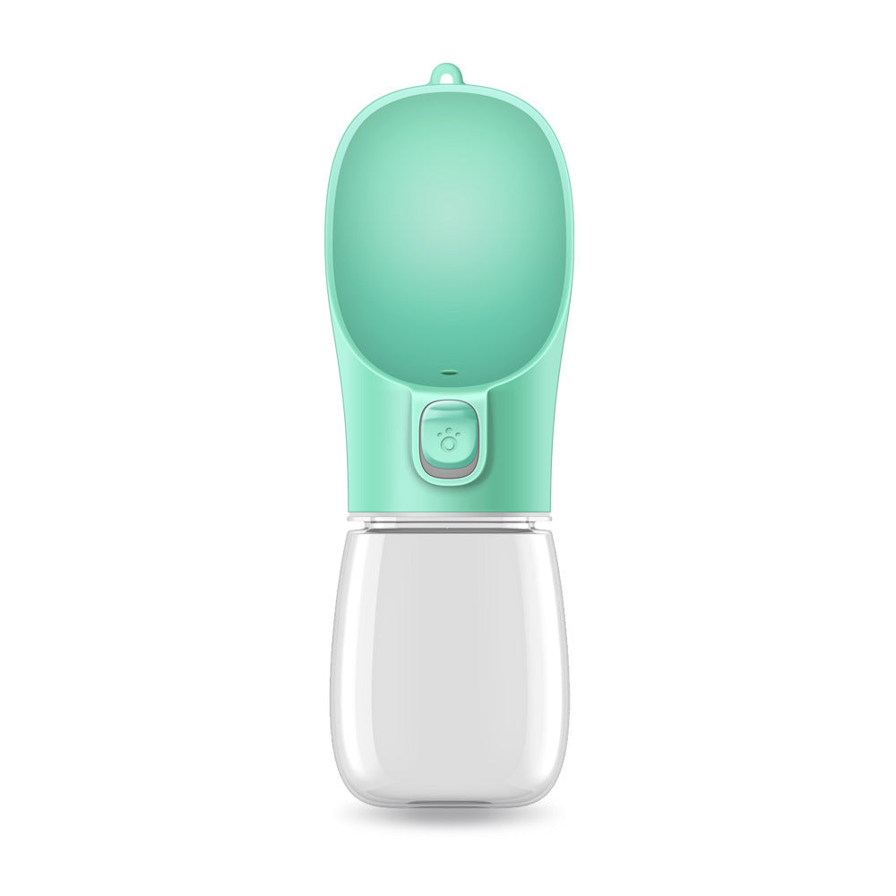 Portable dog water bottle with mint green lid and white base