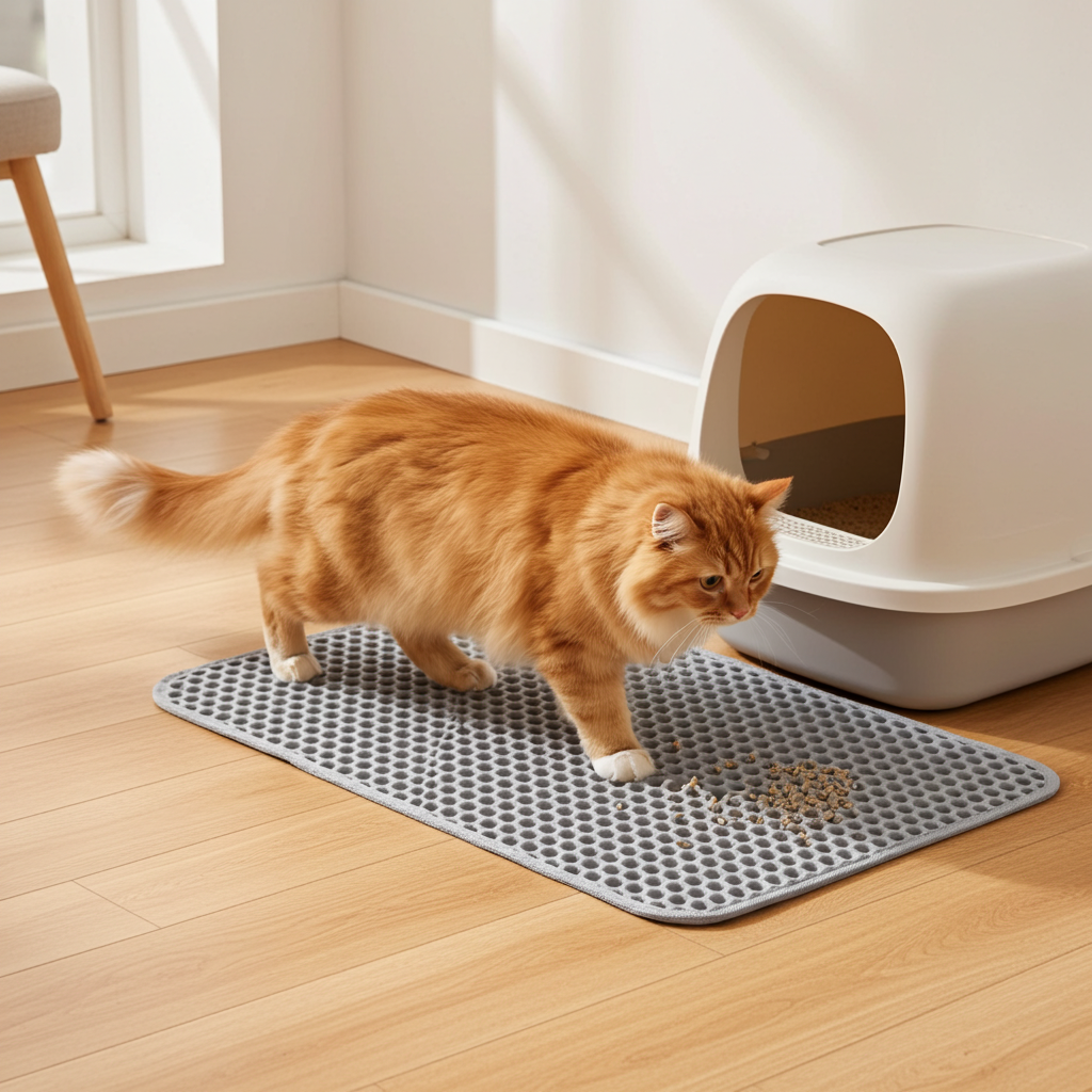 Cat walking off a cat litter mat with scattered litter trapped on it, near a litter box