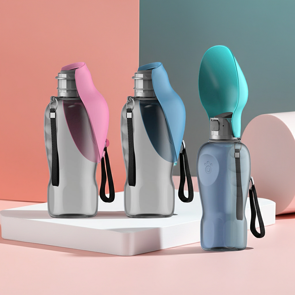 Three portable dog water bottles in pink, blue, and teal on a studio background