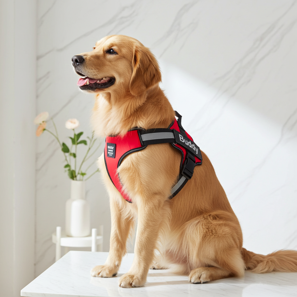 Golden retriever wearing a red Wagbase no-pull harness with a name patch
