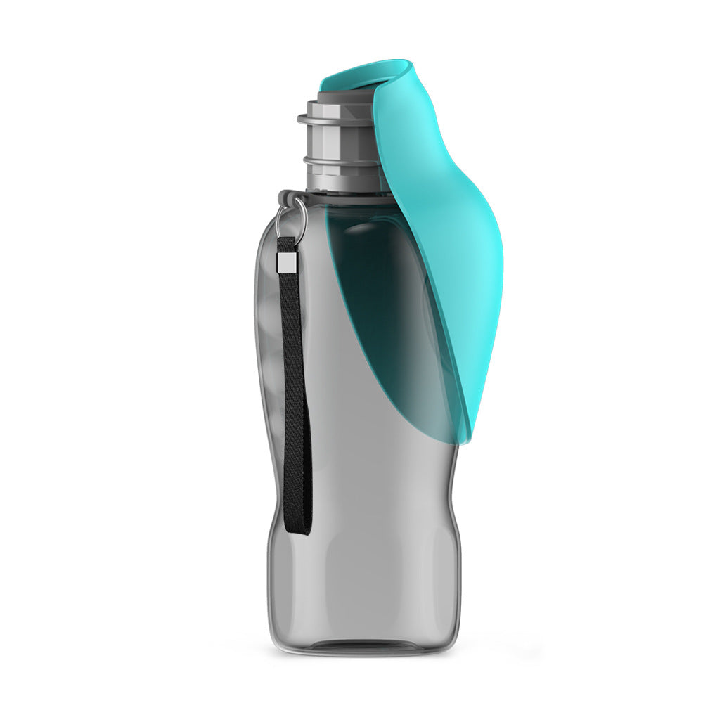 Portable dog water bottle with teal fold-out lid