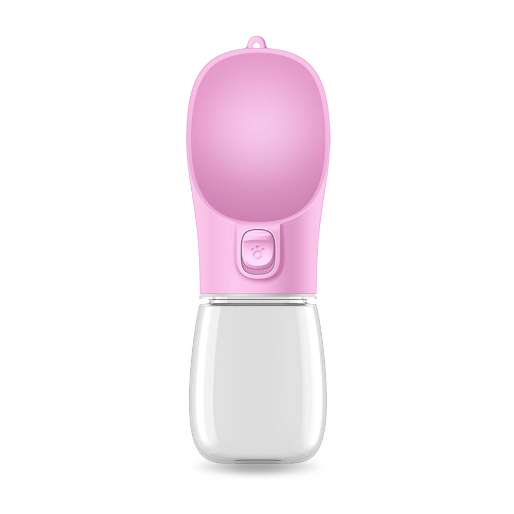 Portable dog water bottle with pink lid and white base