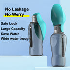Portable dog water bottle shown from two angles with no-leakage safe lock