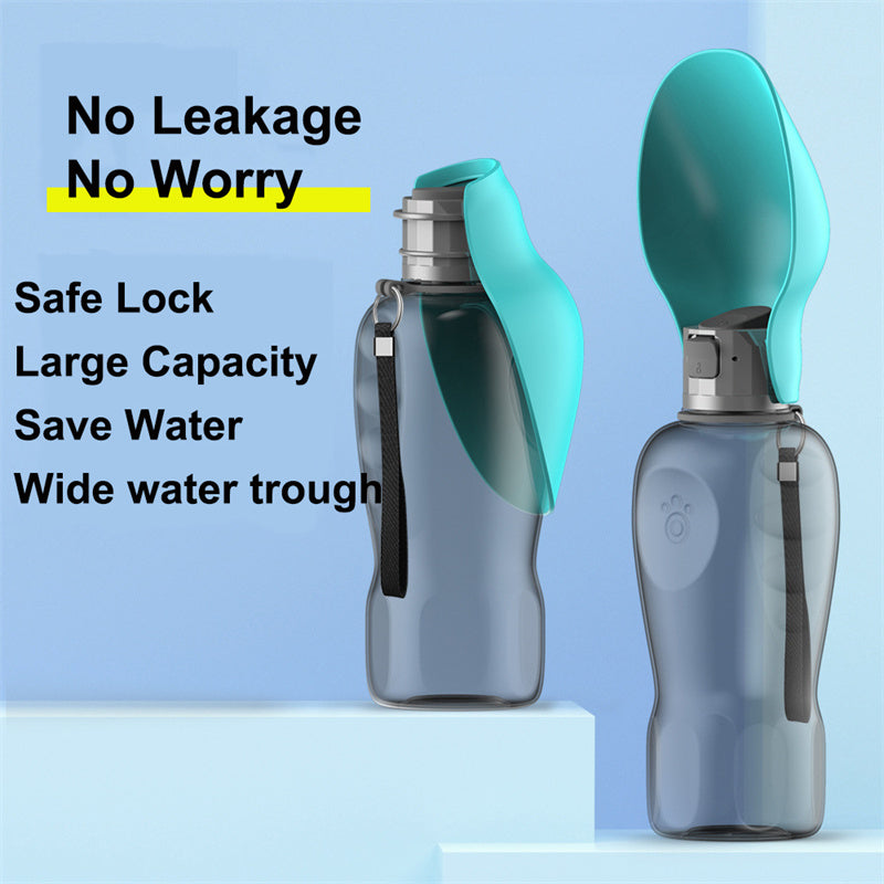 Portable dog water bottle shown from two angles with no-leakage safe lock
