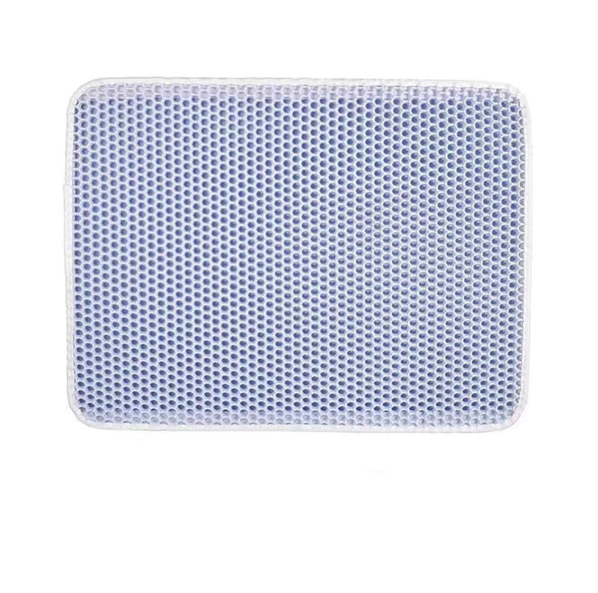 Periwinkle blue honeycomb cat litter mat with white border, top view