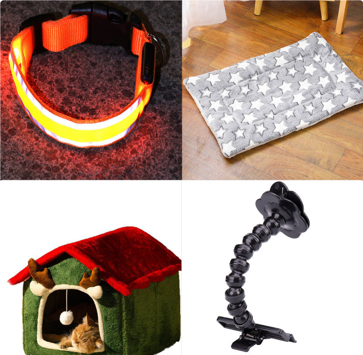 Glowing orange LED collar shown with a star-print pet bed, a cat house, and a phone mount clamp, unrelated to this collar listing