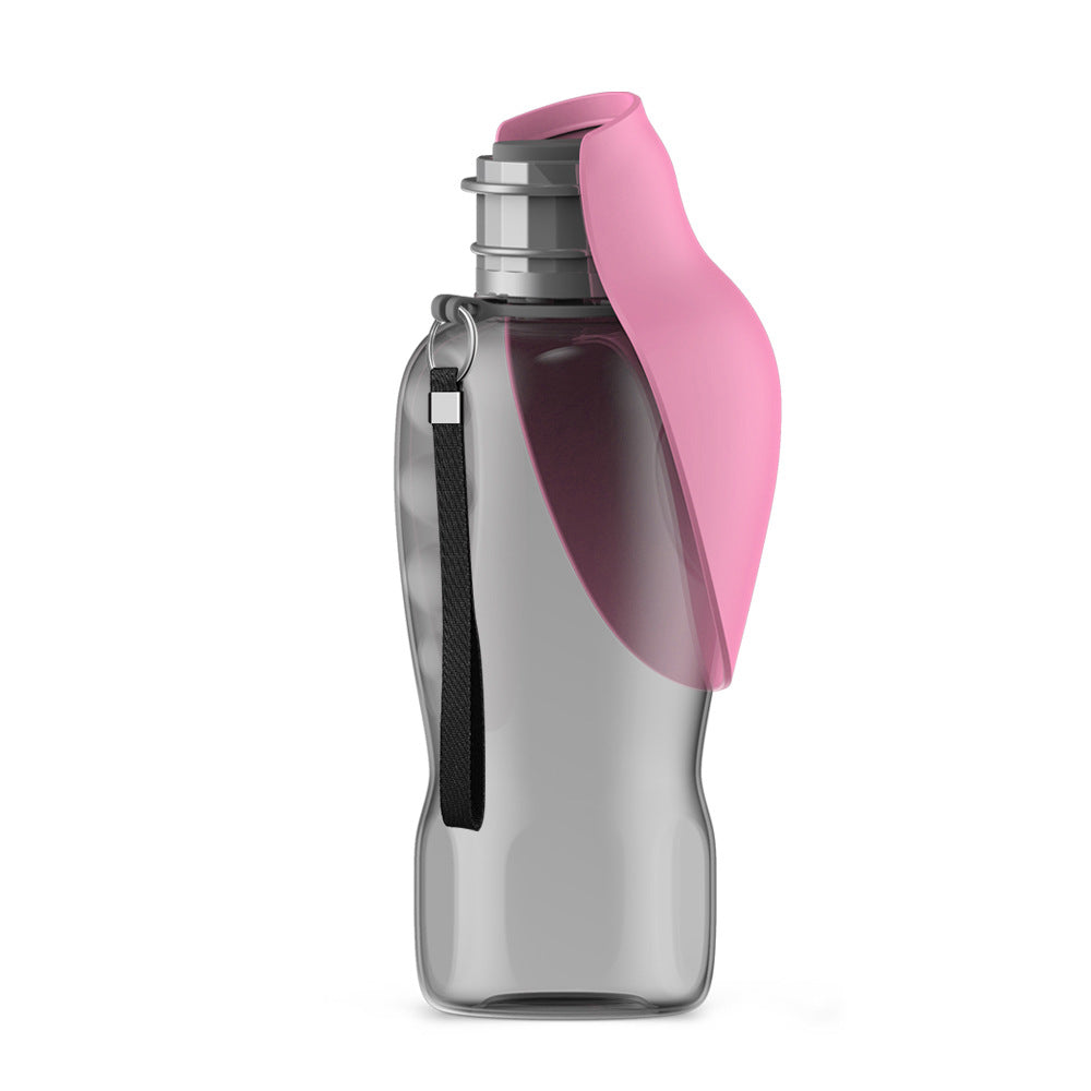 Portable dog water bottle with pink fold-out lid