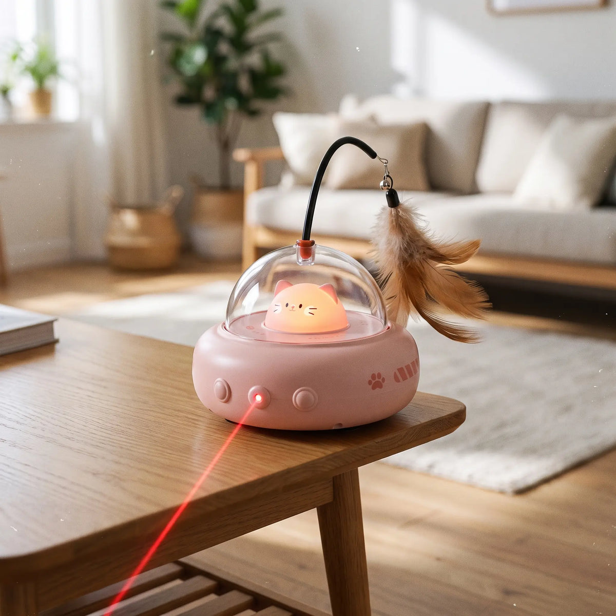 Electric Interactive Cat Teaser Toy: USB Rechargeable Feather Spinner Wagbase
