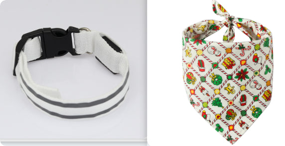 White LED dog collar next to a holiday-print dog bandana