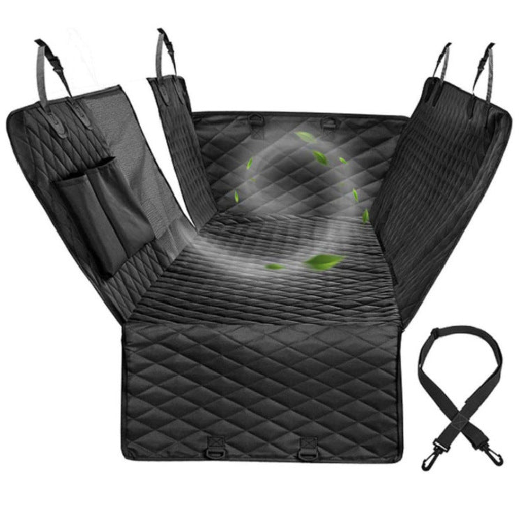 Black waterproof pet car seat cover flat lay with mesh window and seatbelt strap