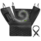 Black waterproof pet car seat cover flat lay with mesh window and seatbelt strap