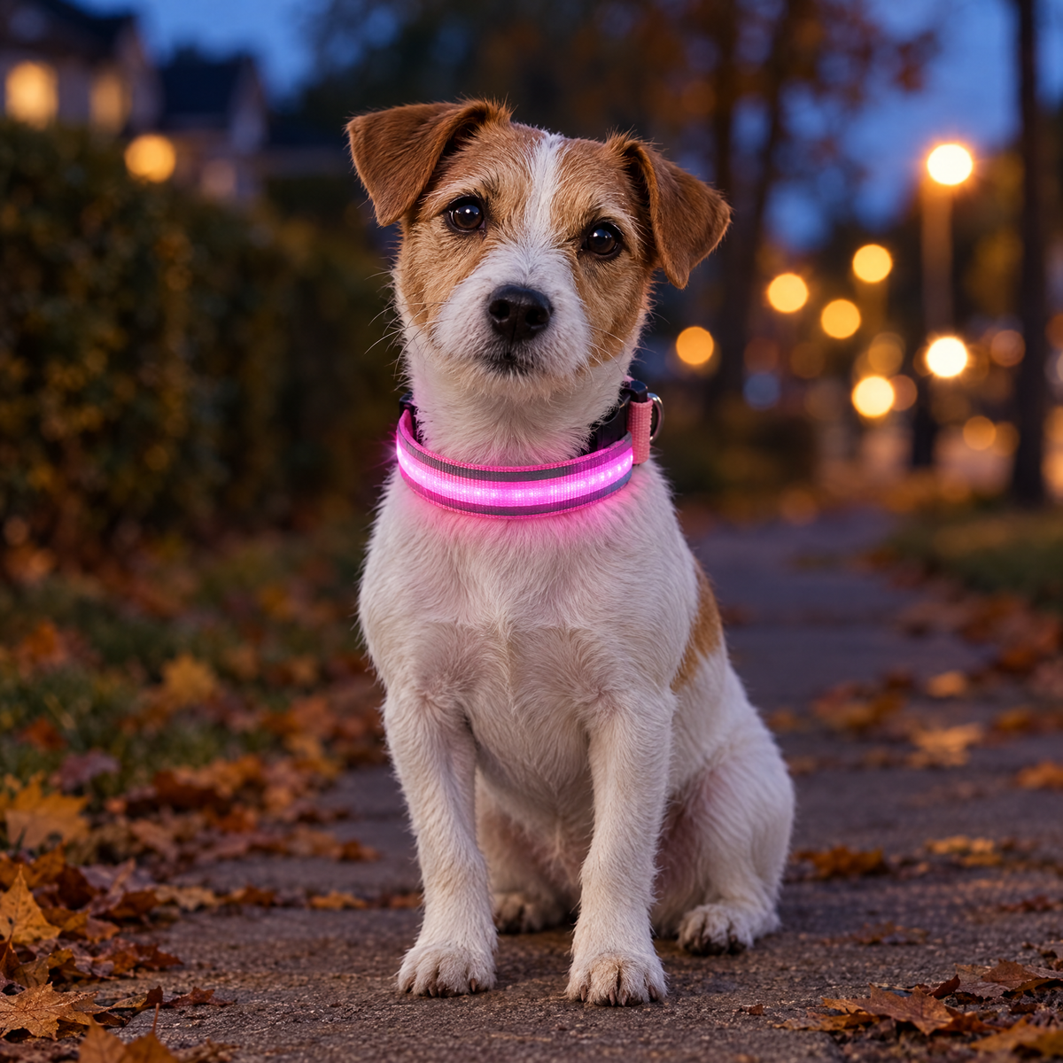 Jack Russell terrier wearing the pink LED dog collar, glowing at dusk