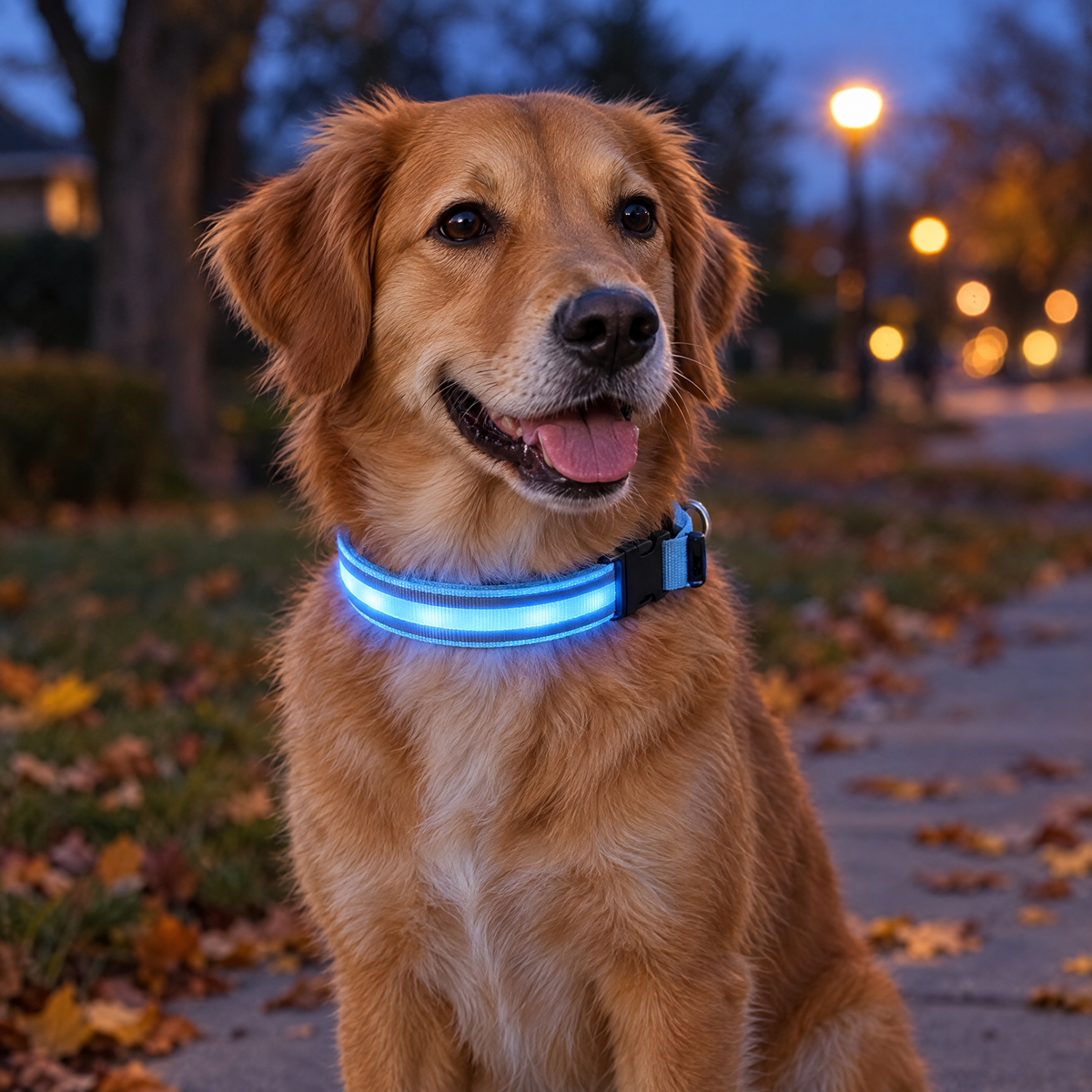 Golden retriever wearing the blue LED dog collar, glowing on an evening walk