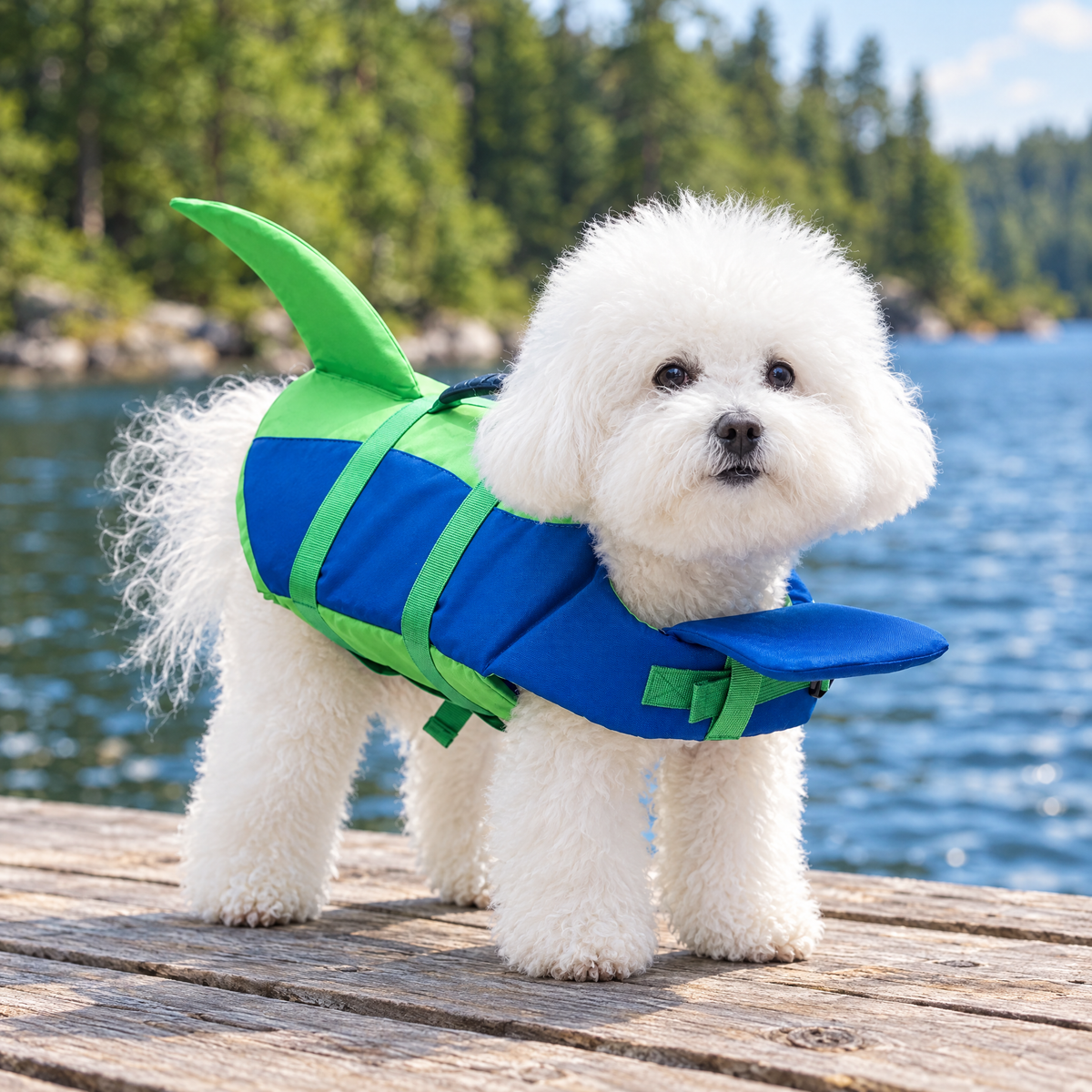 Small dog in the blue and green shark fin life jacket on a lake dock