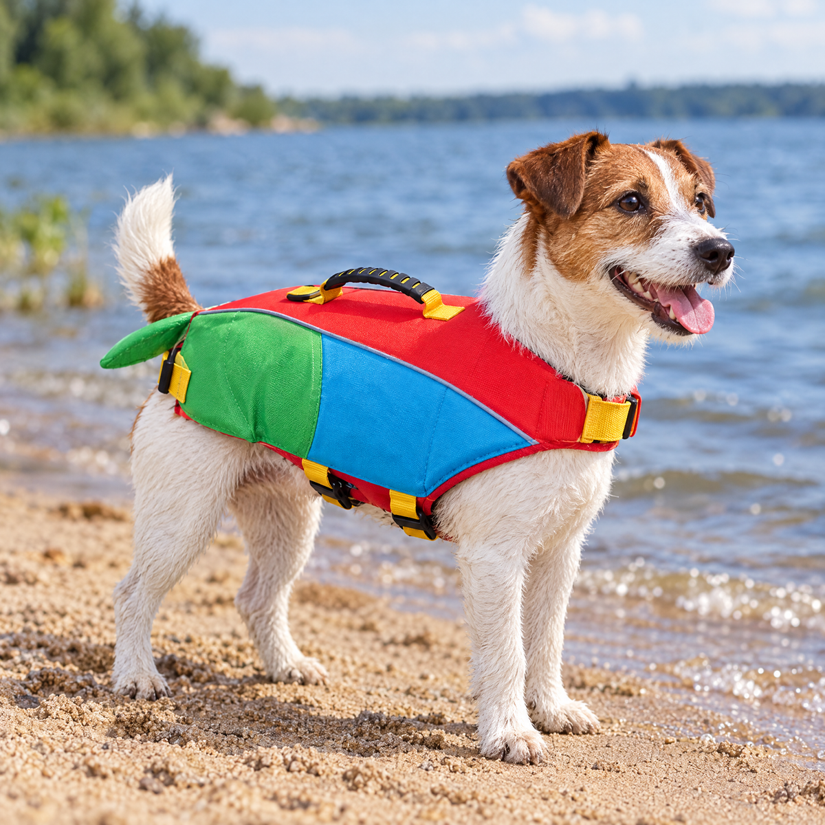Jack Russell in the red colour-block life jacket on a lake beach