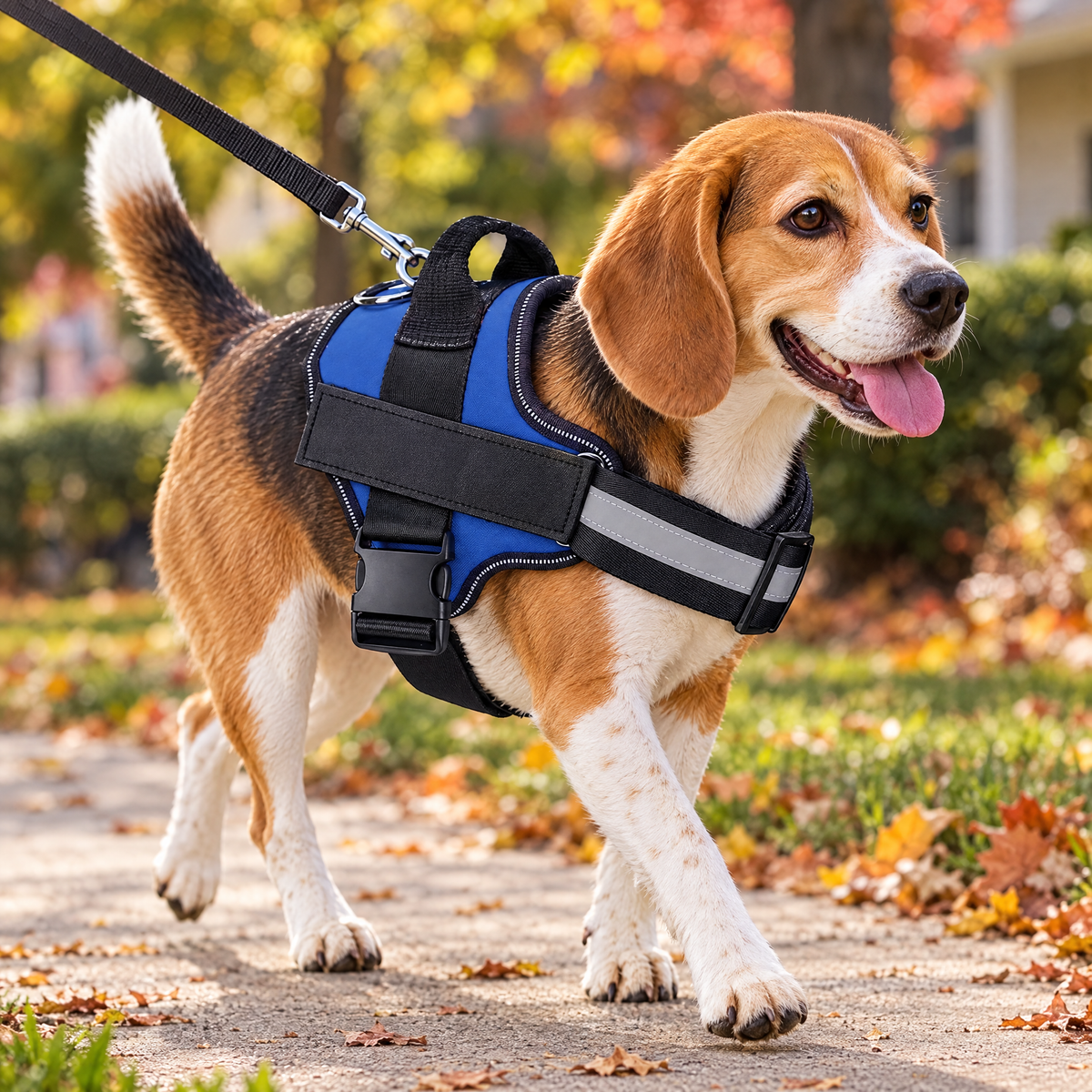 Beagle wearing the blue no-pull dog harness on an autumn walk