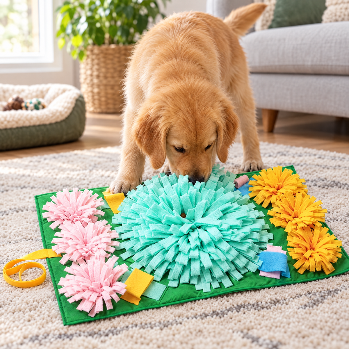 Golden retriever puppy sniffing out treats in the green snuffle mat