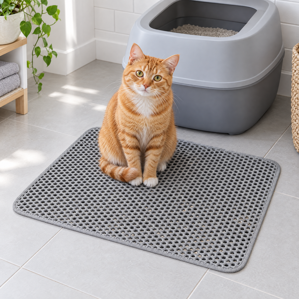 Orange tabby sitting on the grey litter trapping mat