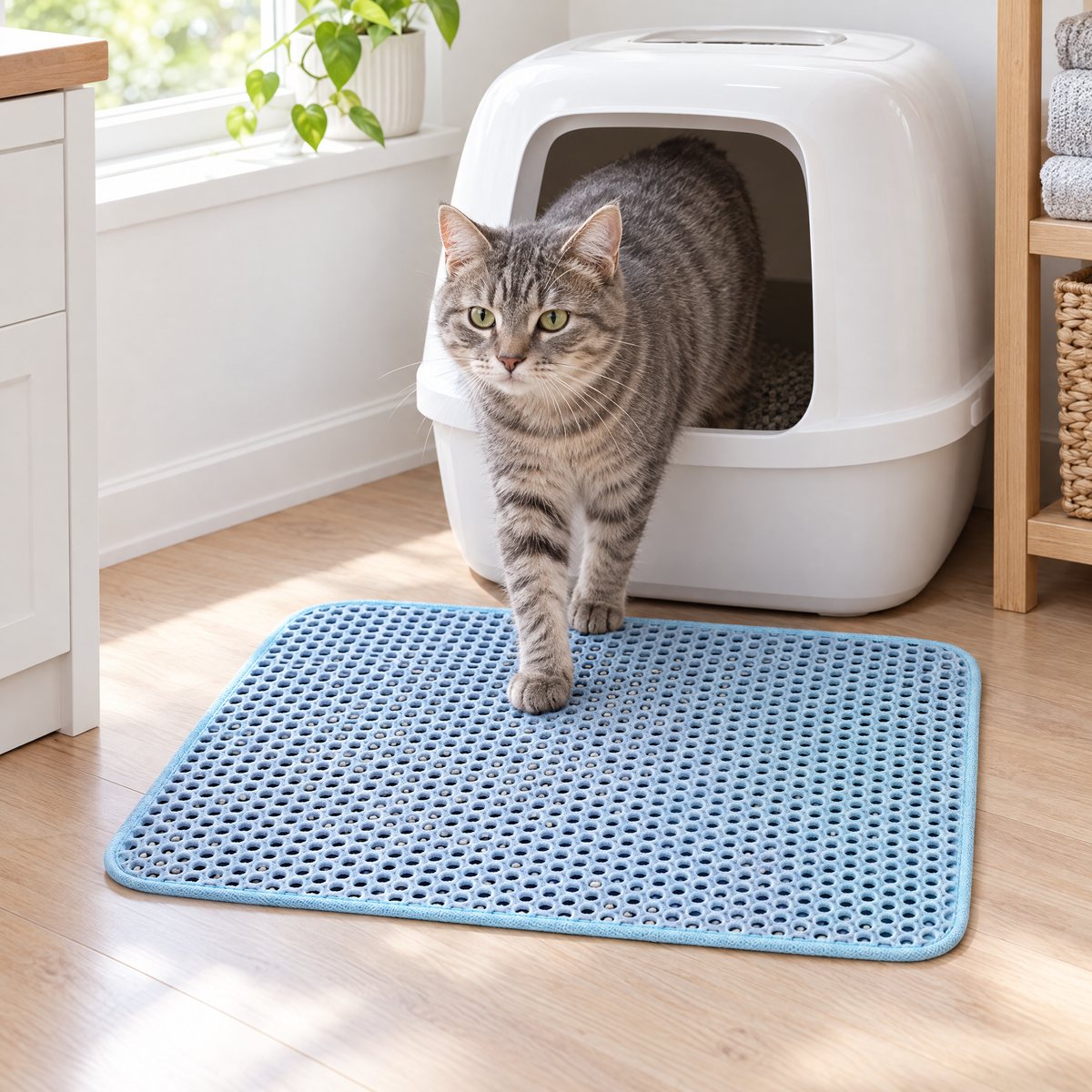 Cat stepping out of a litter box onto the blue litter trapping mat