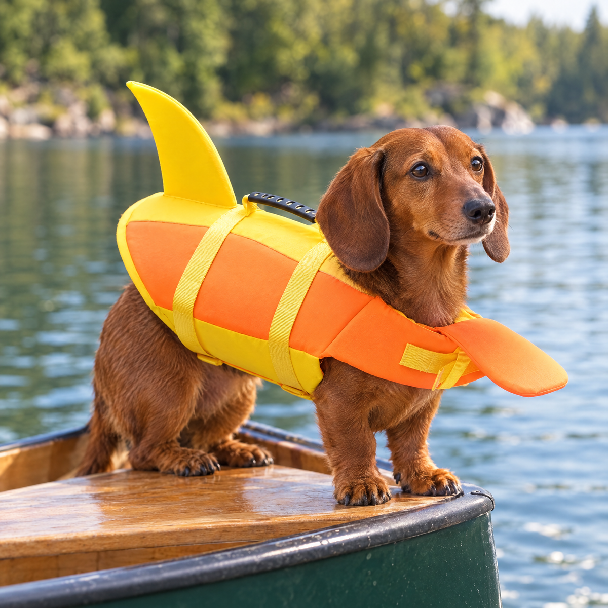 Dachshund in the orange shark fin life jacket in a canoe