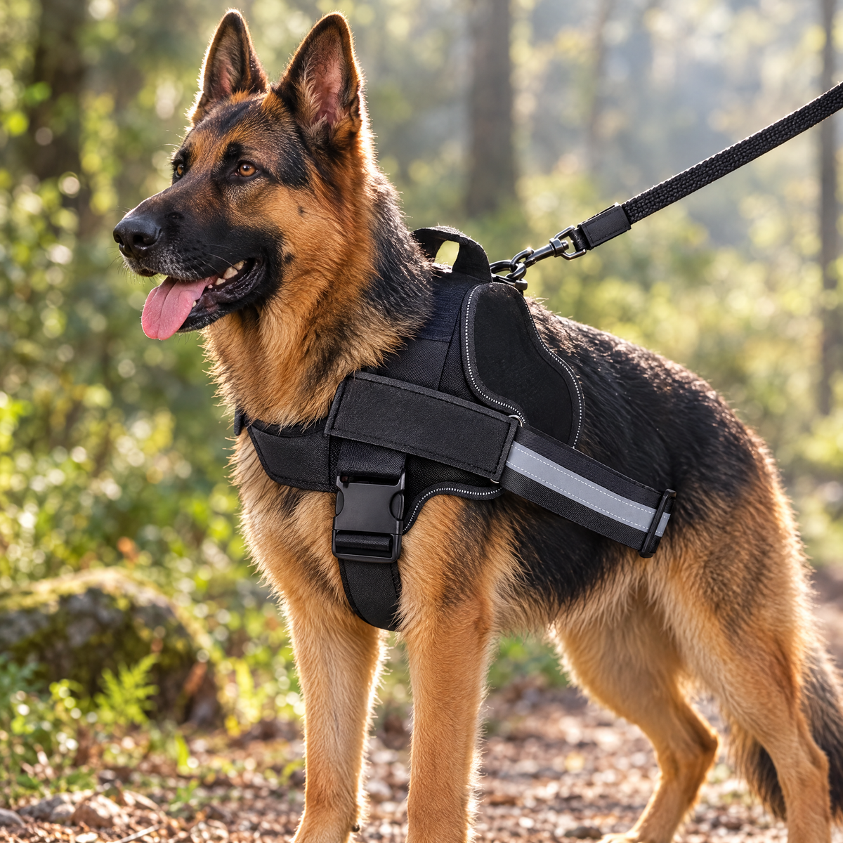 German shepherd wearing the black no-pull dog harness on a forest trail