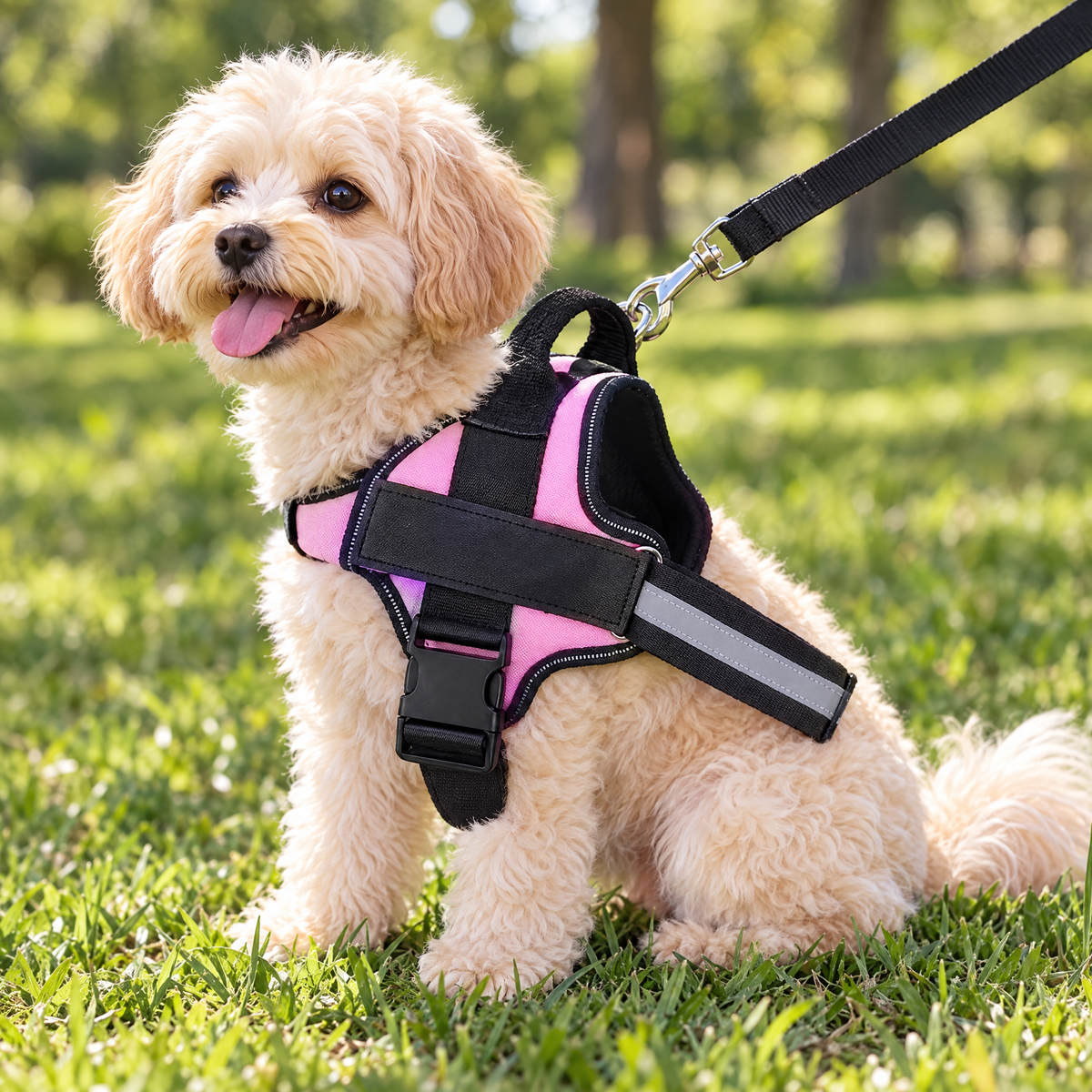 Small dog wearing the pink no-pull dog harness in a sunny park