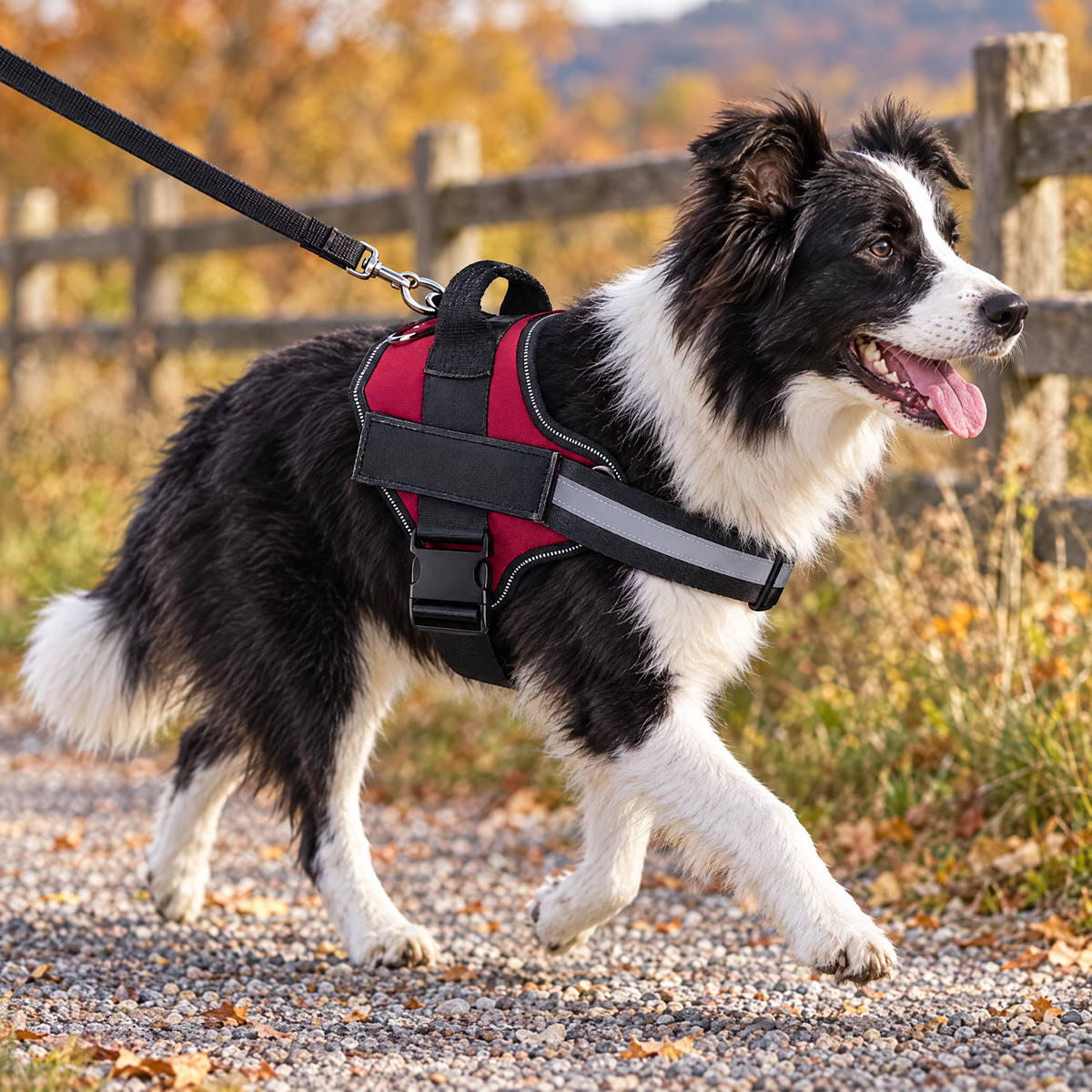 Border collie wearing the red no-pull dog harness on a country road
