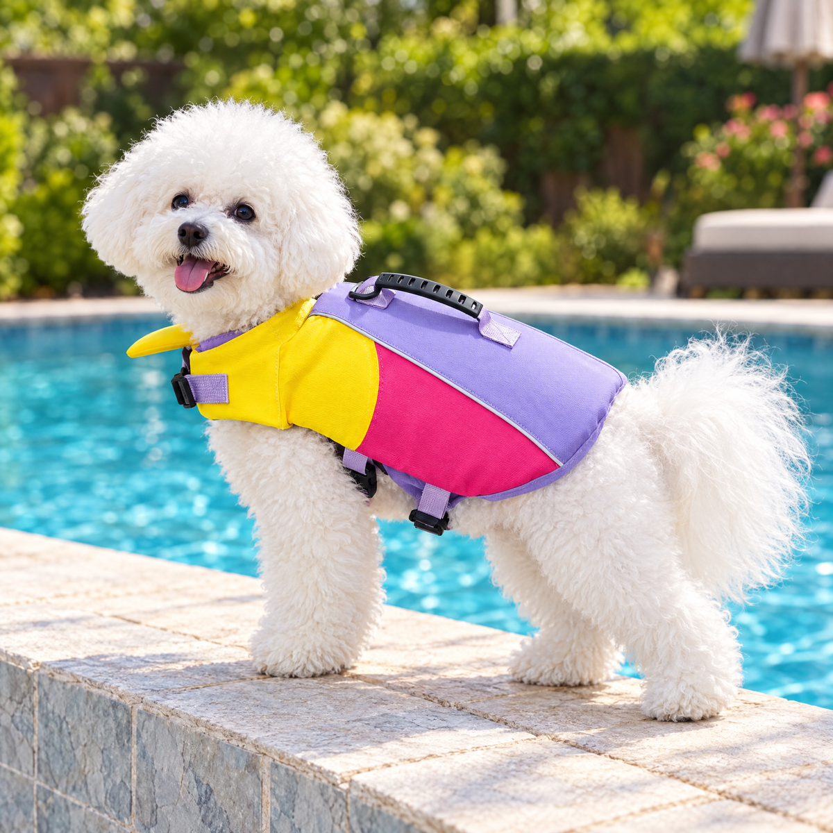 Small dog in the purple colour-block life jacket beside a pool