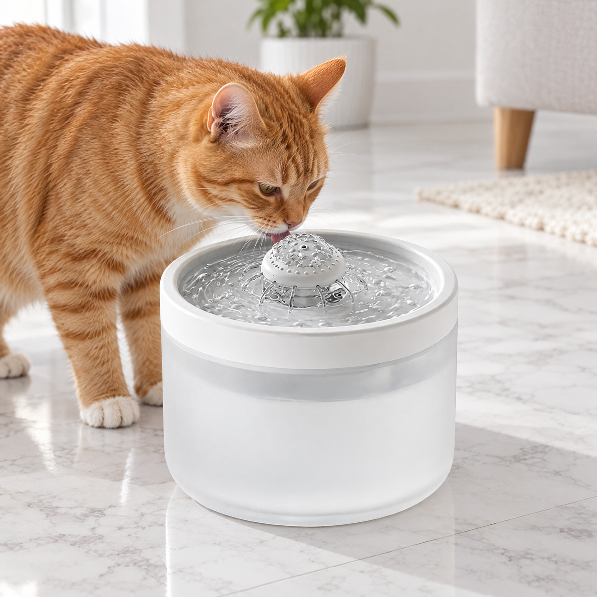 Ginger cat drinking from the off-white pet water fountain