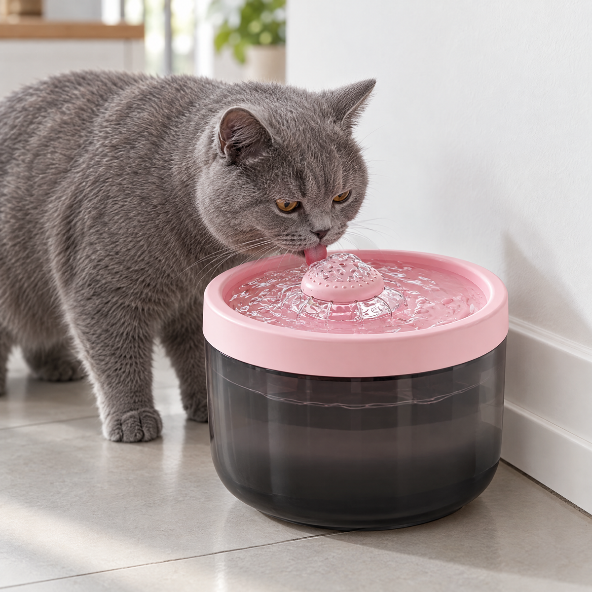 Grey cat drinking from the black and pink pet water fountain