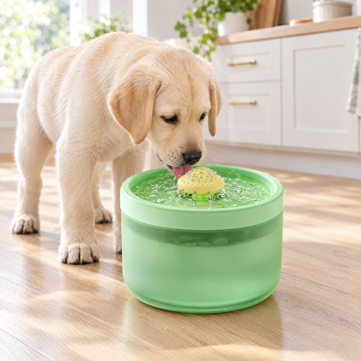 Labrador puppy drinking from the fresh green pet water fountain