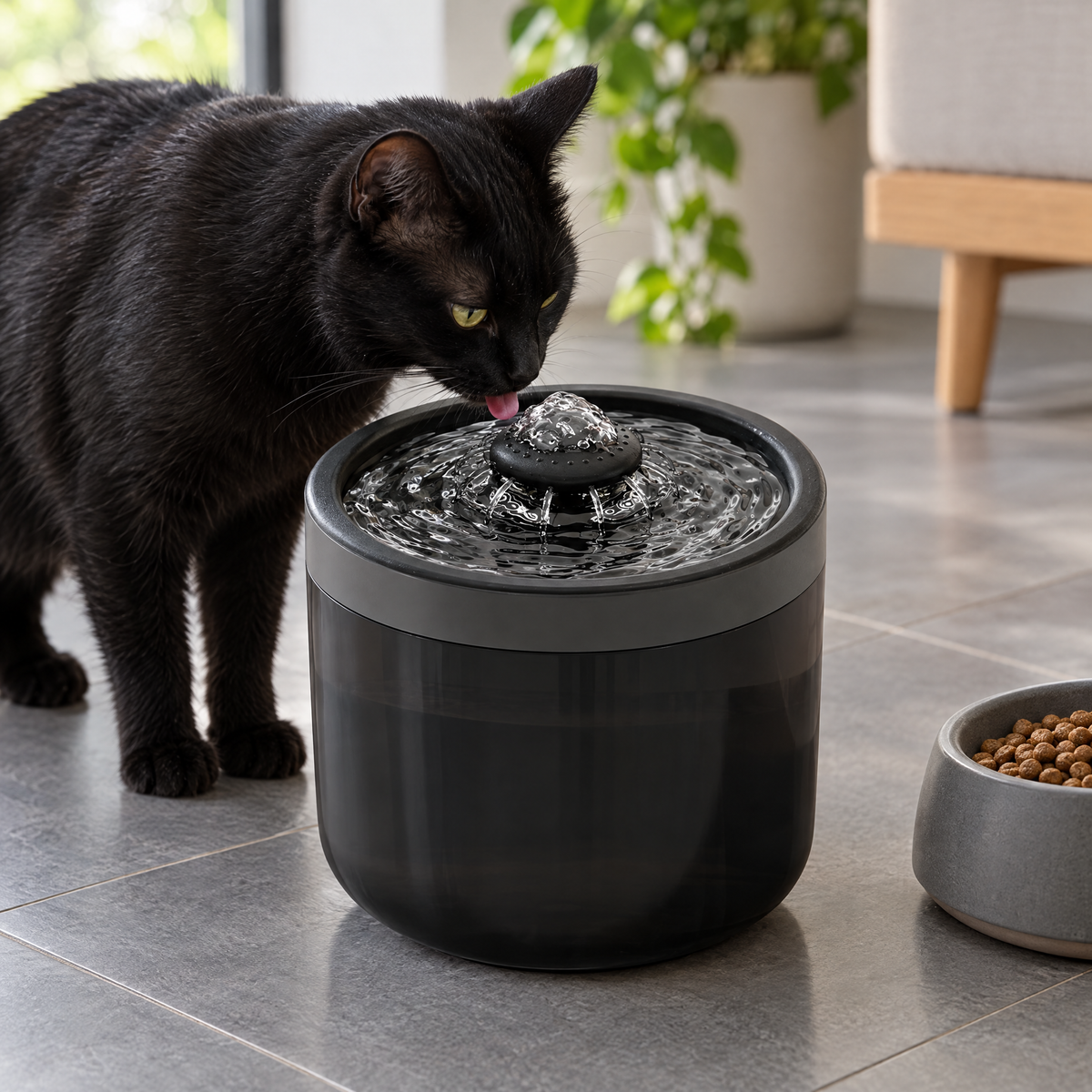 Black cat drinking from the charcoal grey pet water fountain
