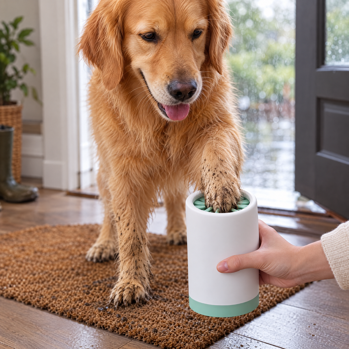 Golden retriever getting a muddy paw cleaned in the green paw cleaner cup