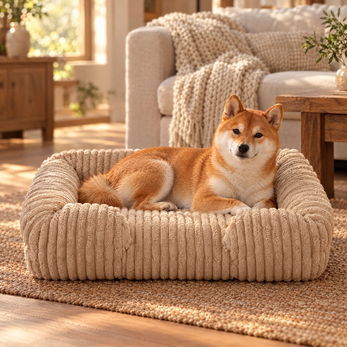 Shiba Inu relaxing in the apricot warm dog bed